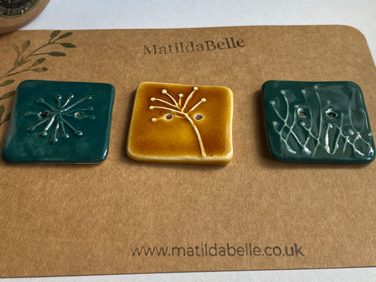35mm Set of 3 Square Botanical Clay Buttons mixed colours- 35mm -