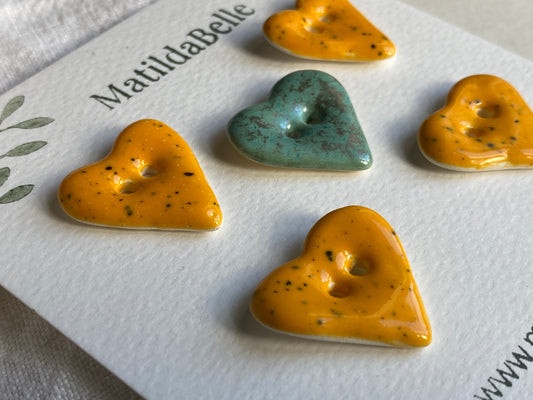 Handmade Ceramic Heart Buttons, Mixed Set of 5
