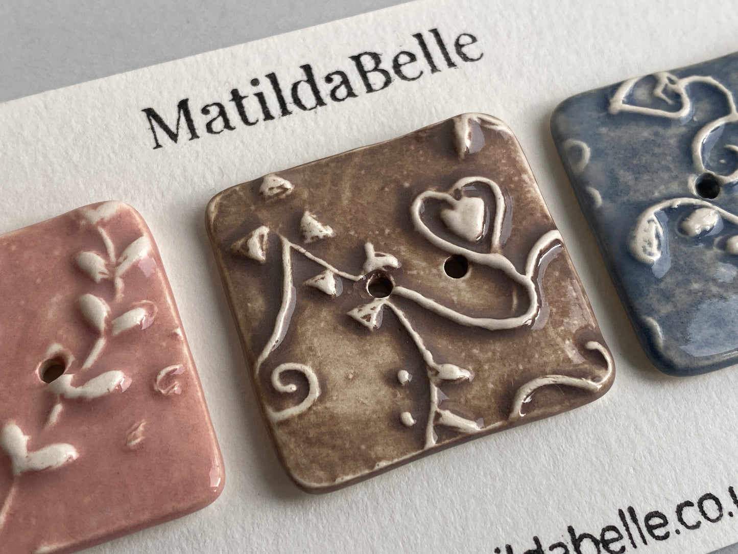 Handmade set of 3 Ceramic square Buttons Whimsical design