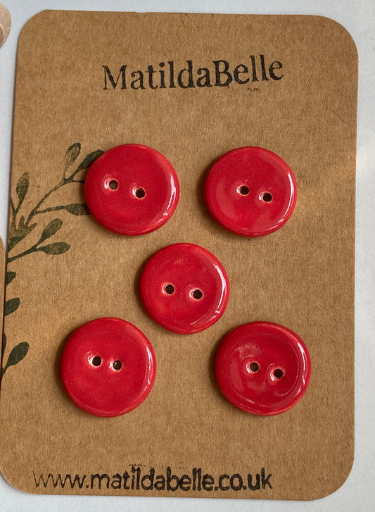 Buttons set of 5 Red Round 20mm Handmade Ceramic Buttons, choice of buttonhole size