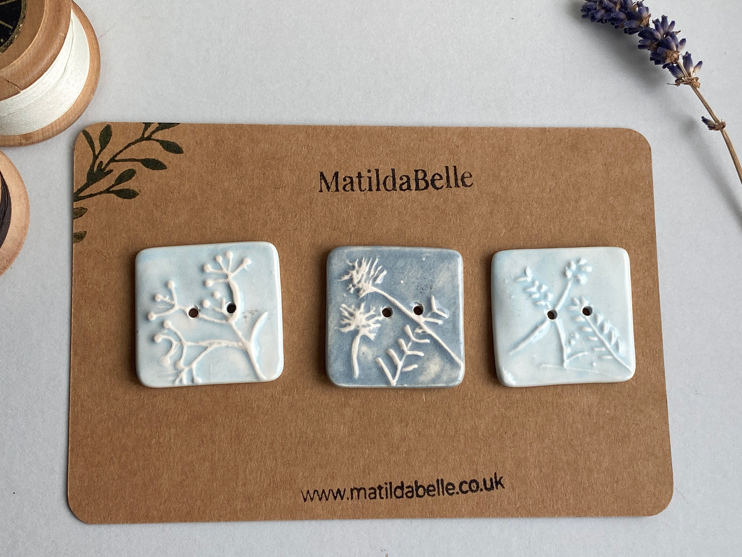 Buttons Set of 3 Botanical Square Handmade Ceramic Buttons