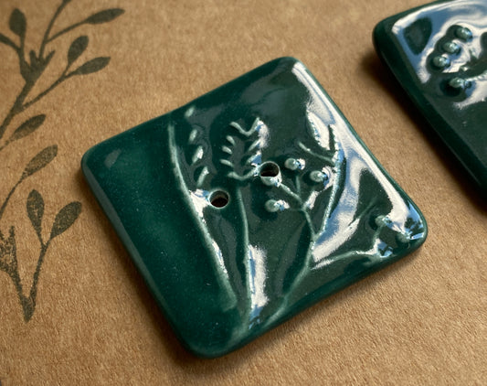 35mm Set of 3 Square Botanical Clay Buttons Green- 35mm -
