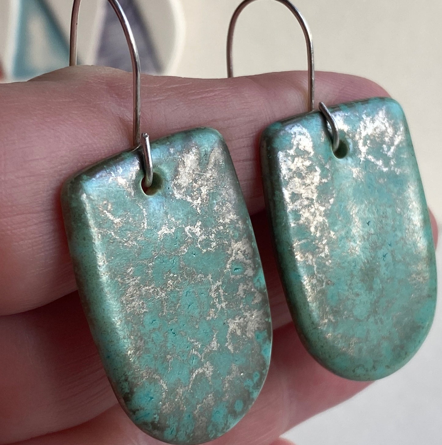 Ceramic Contemporary Large Dangle Earrings - Green gold glaze