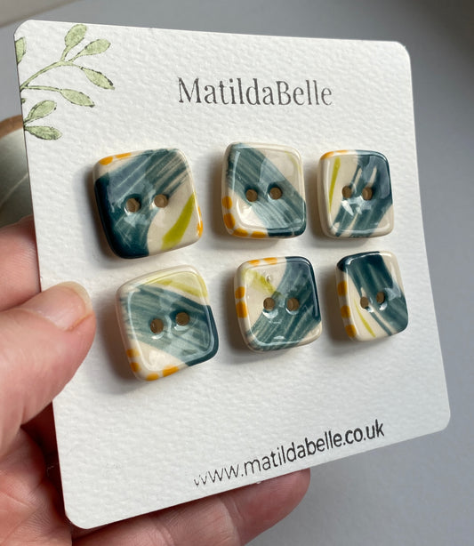 20mm set of Six square handmade Buttons Teal