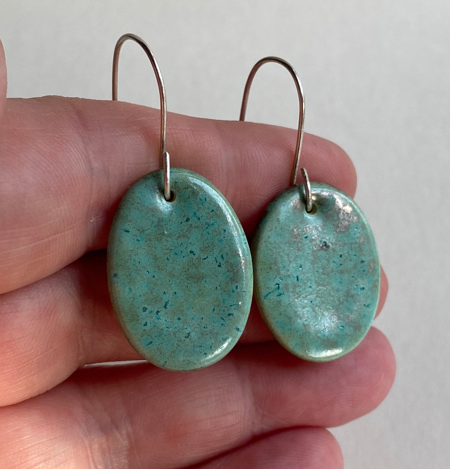 Ceramic Ovals  Dangle Earrings - Green gold glaze