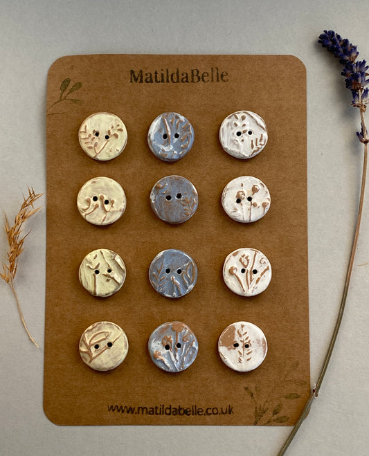 20mm Ceramic Handmade buttons set of Twelve pastel botanical