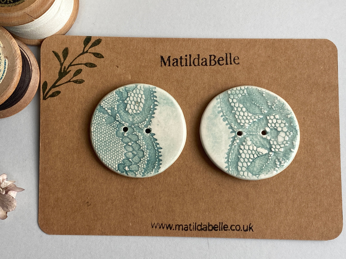 Handmade set of 2 Ceramic large Buttons Vintage Lace design