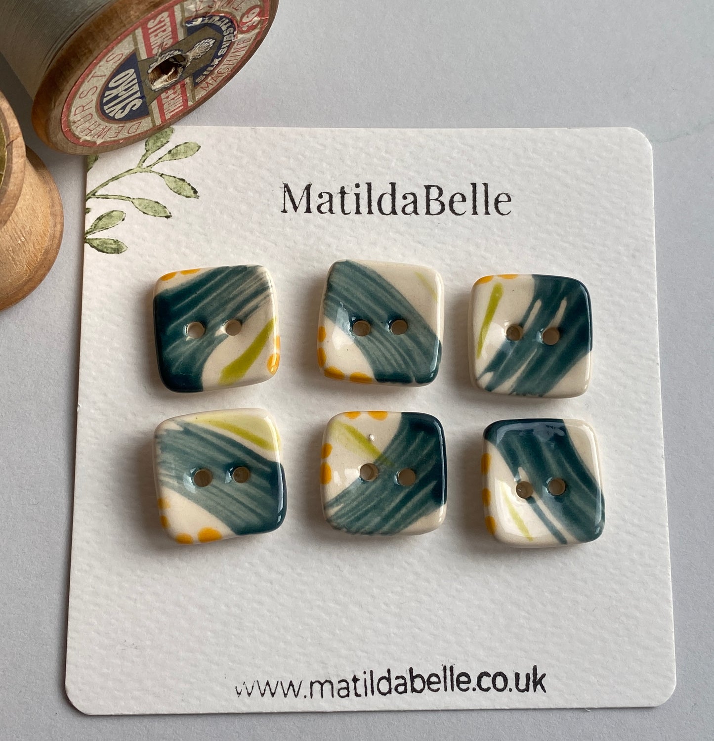 20mm set of Six square handmade Buttons Teal