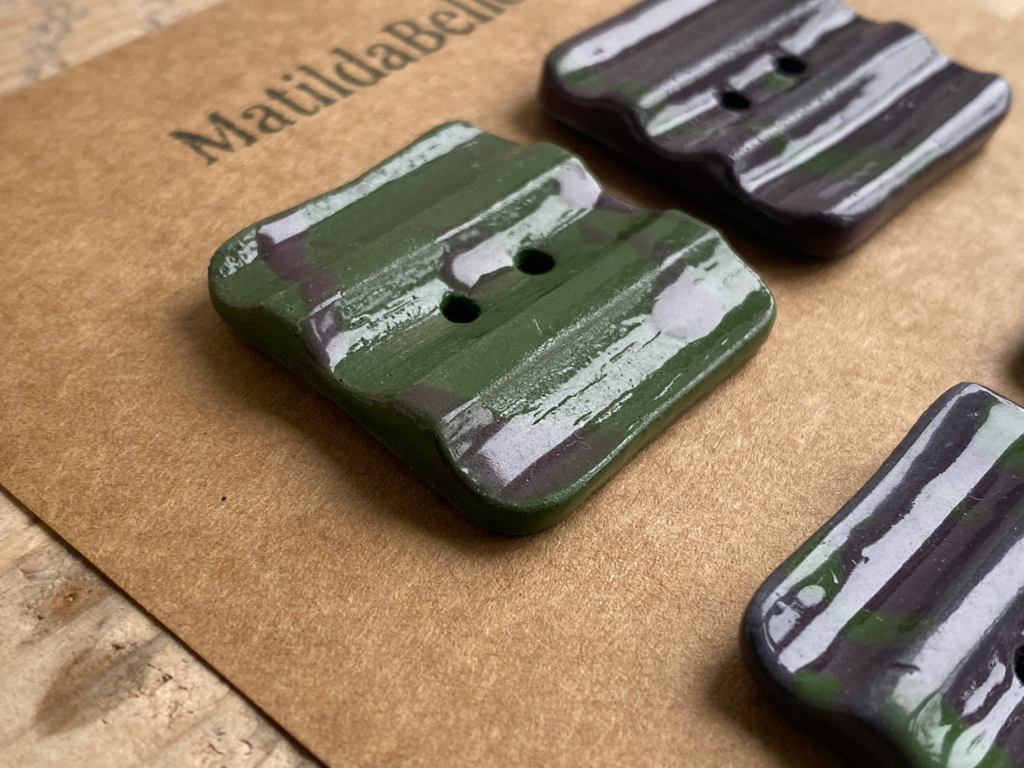 30mm Set of 4 square 30mm Stoneware Buttons rippled Purple and Green Camo