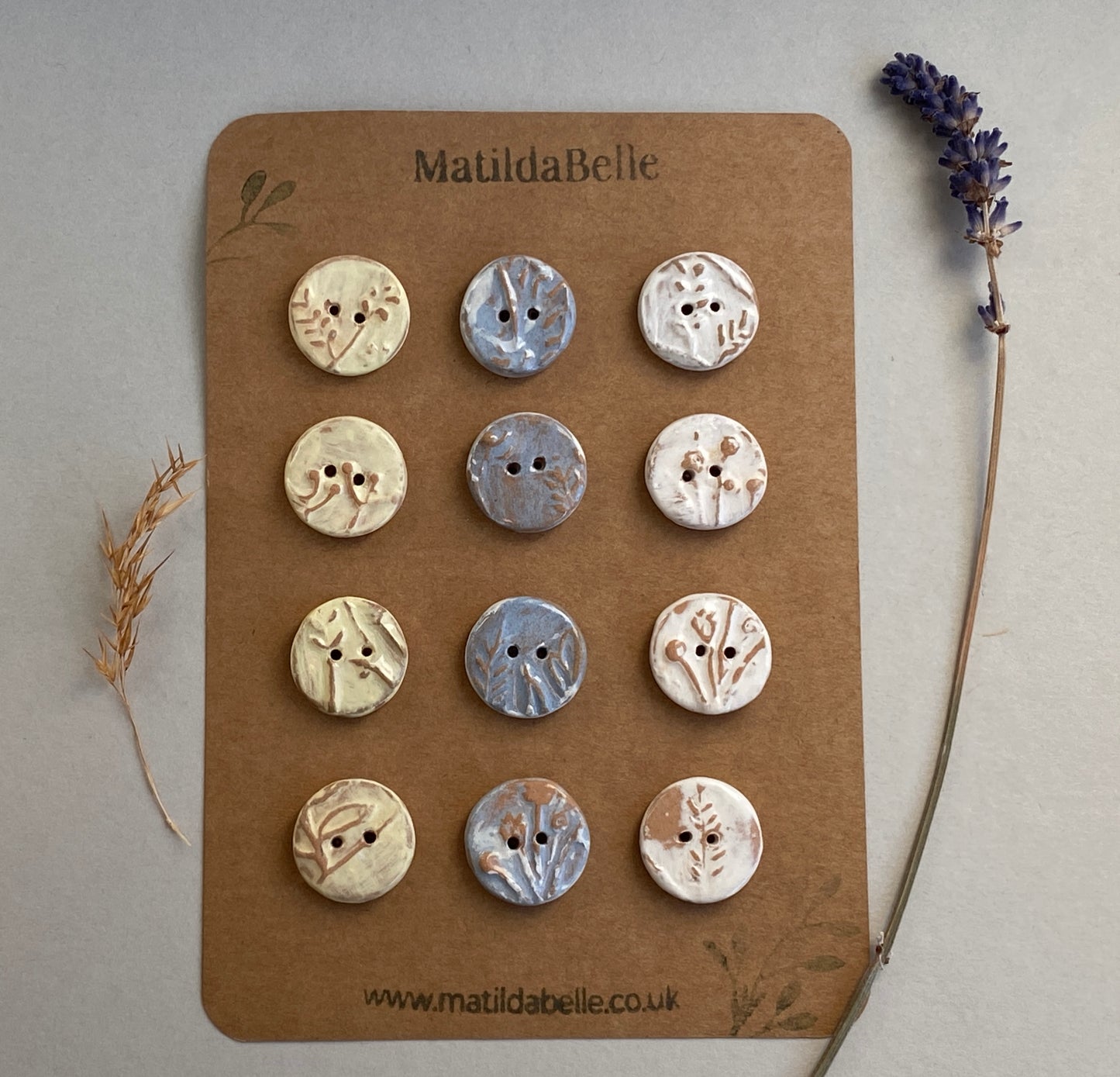 20mm Ceramic Handmade buttons set of Twelve pastel botanical