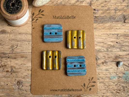 30mm Set of 4 Square Stoneware Buttons 30mm rippled yellow and blue