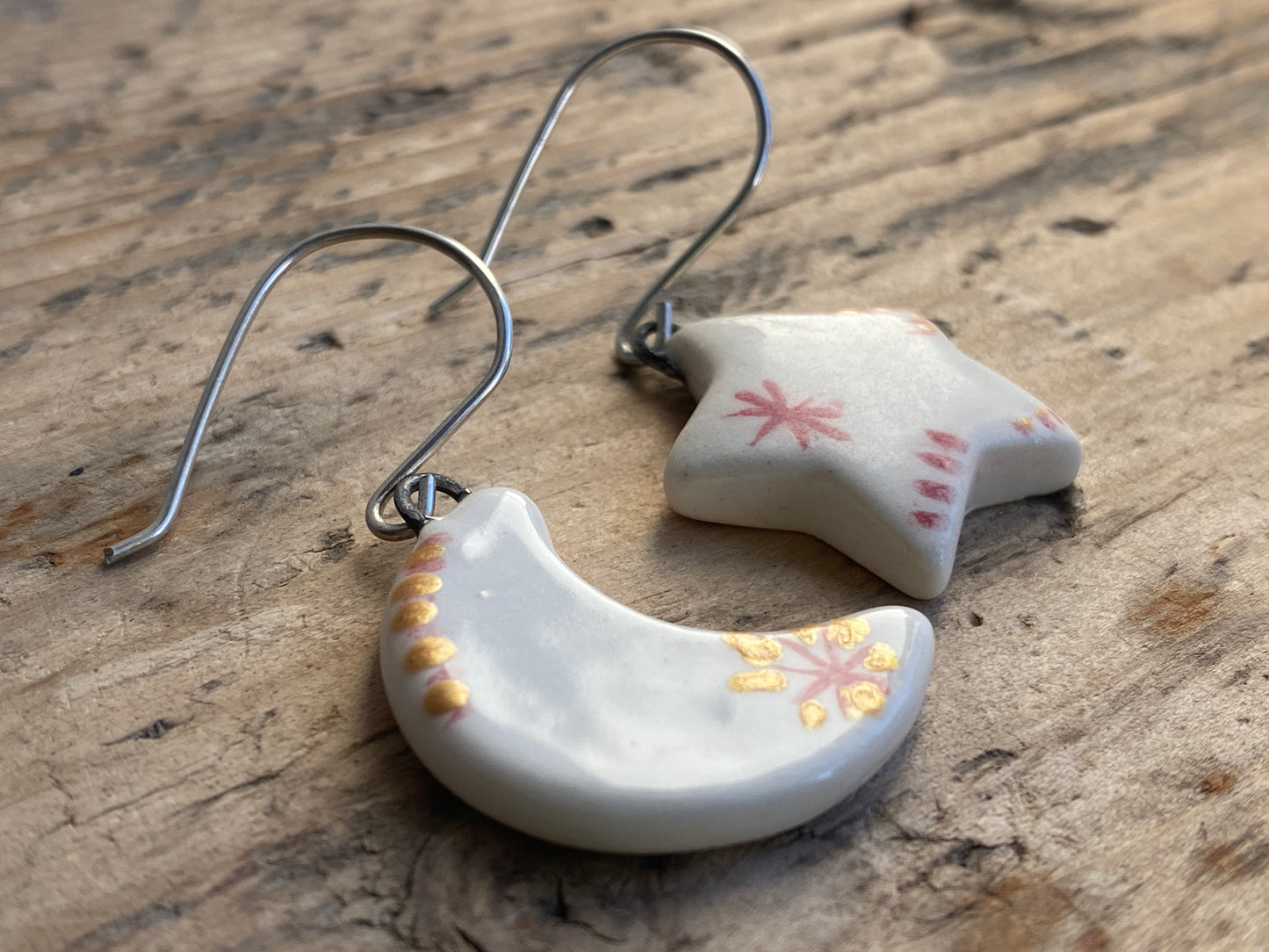 Folk Art Star &  Moon Handmade Dangly Earrings with Sterling Silver