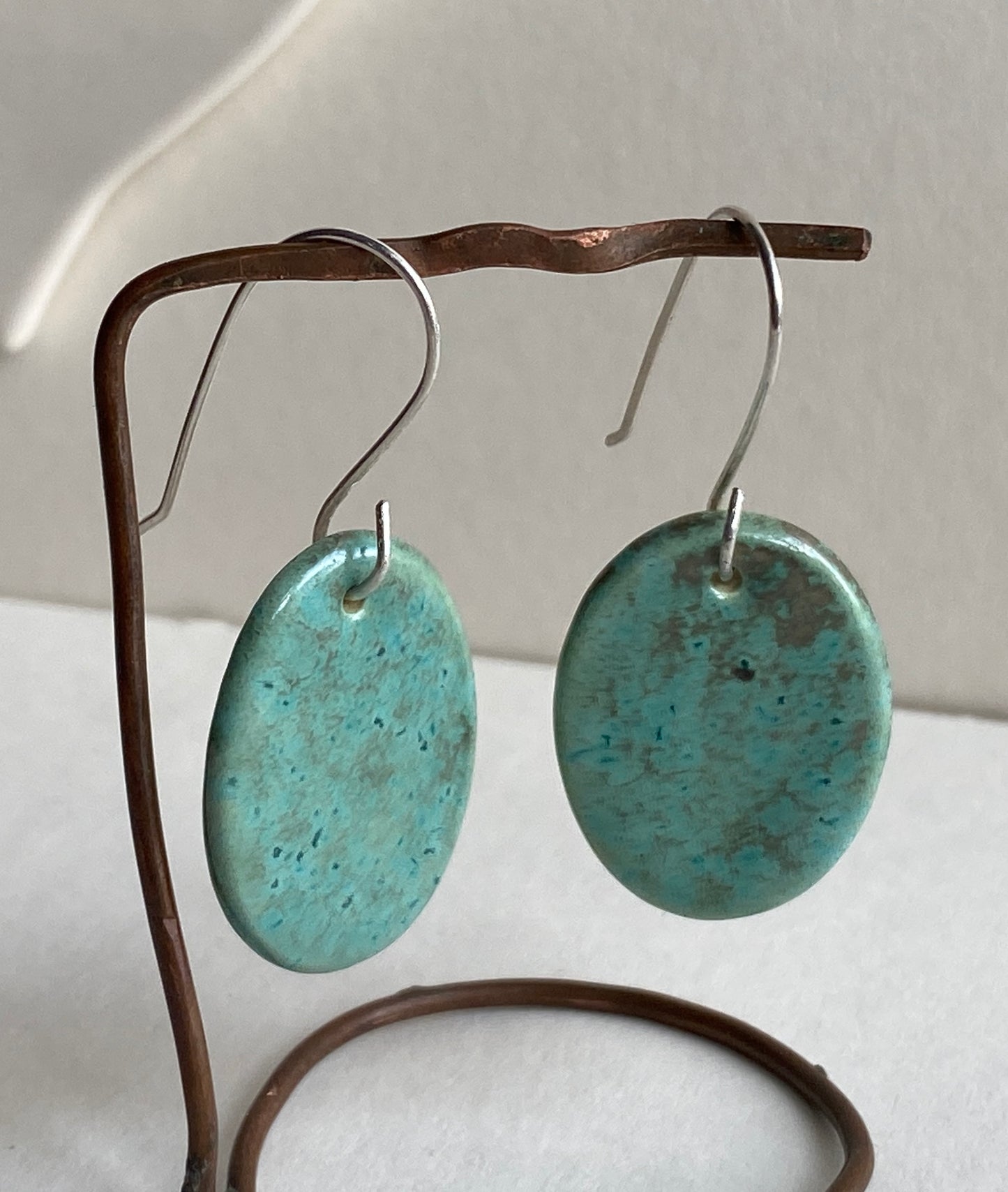 Ceramic Ovals  Dangle Earrings - Green gold glaze