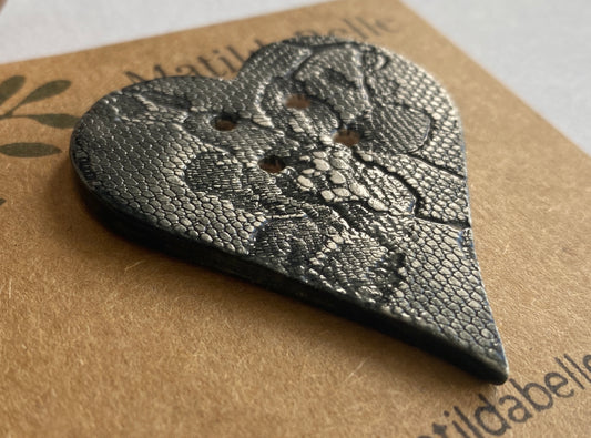 Extra Large handmade Heart Ceramic Button Vintage Black Lace 55mm