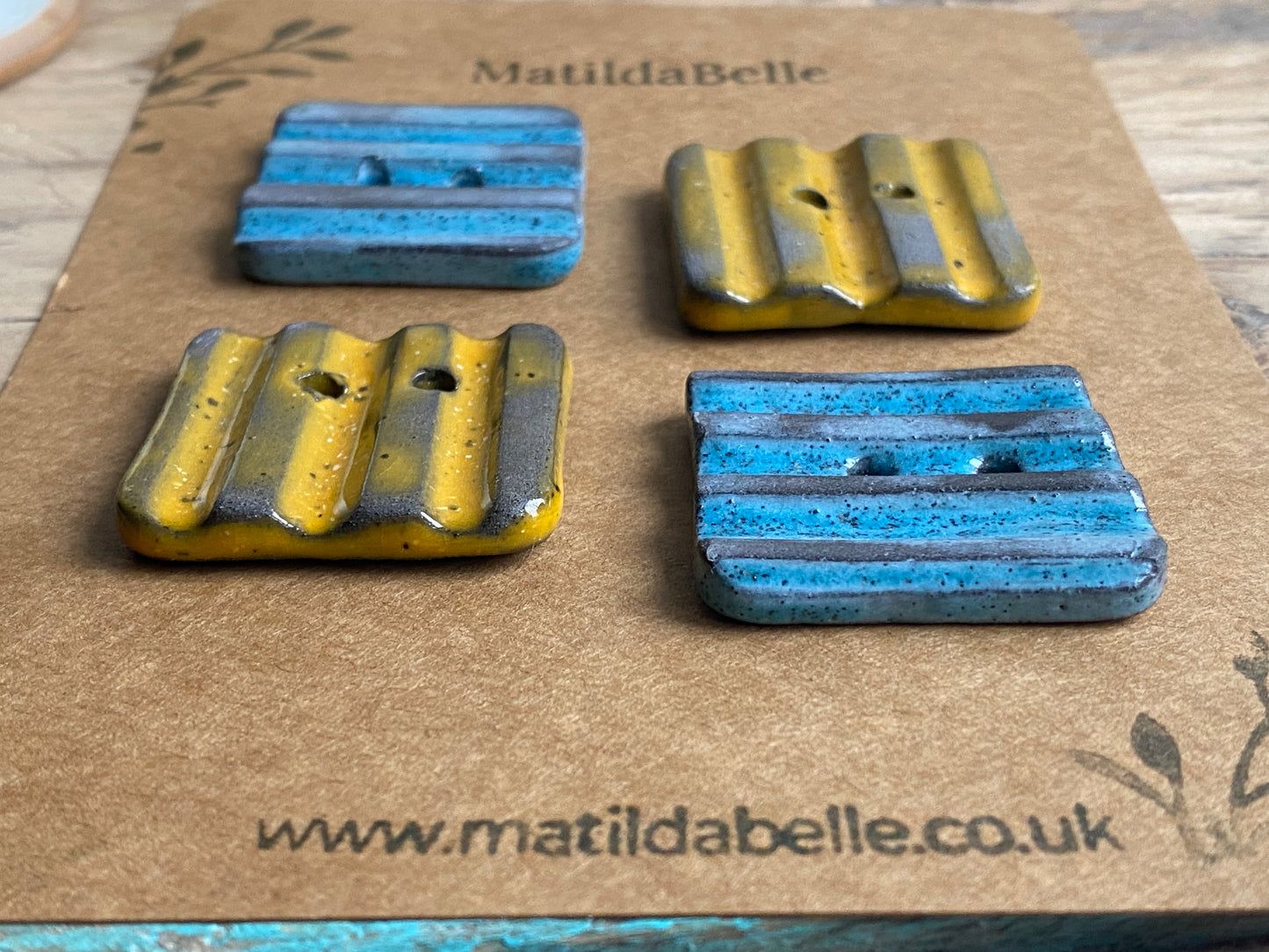 30mm Set of 4 Square Stoneware Buttons 30mm rippled yellow and blue