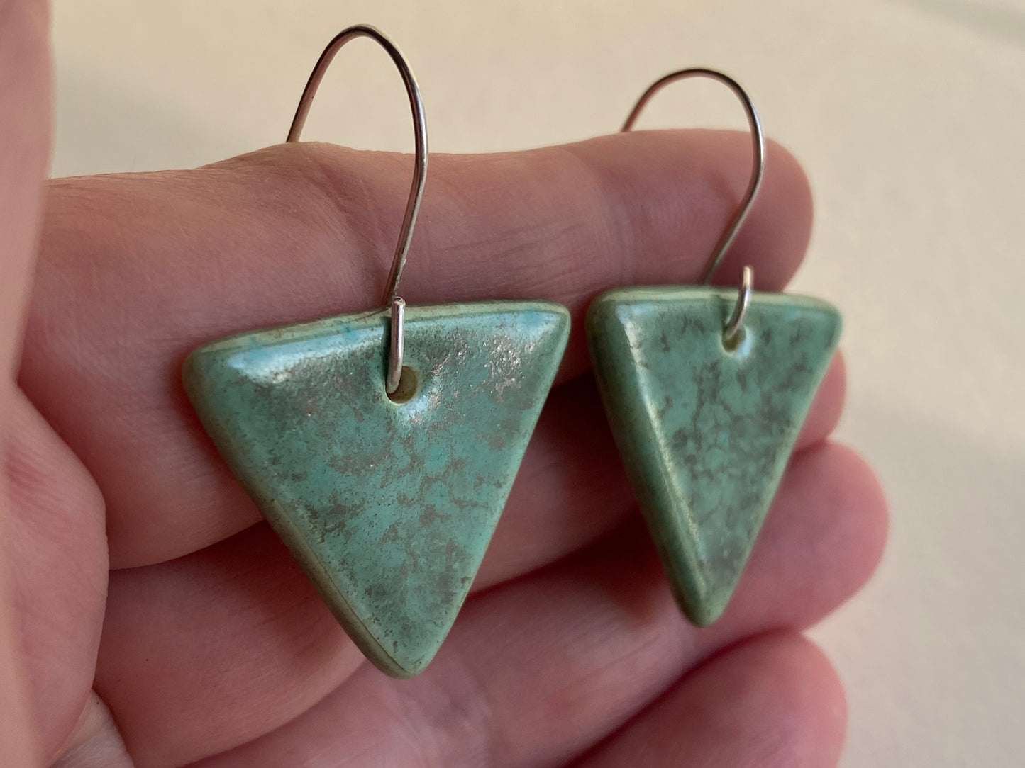 Ceramic Triangle  Dangle Earrings - Green gold glaze
