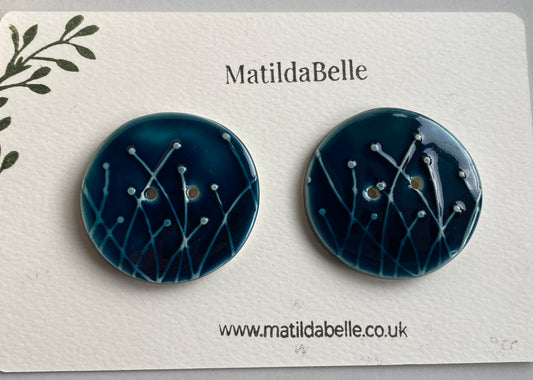 Large Pair of Botanical Handmade Buttons 46mm Rich Blue