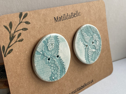 Handmade set of 2 Ceramic large Buttons Vintage Lace design