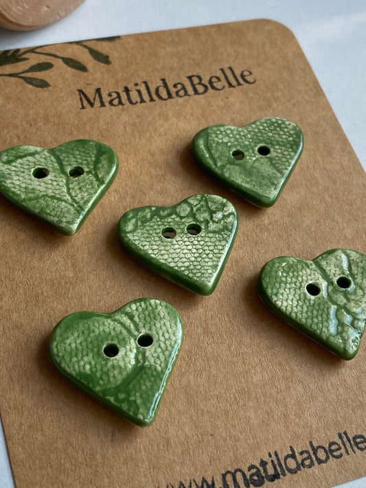 Handmade set of 5 Heart buttons Forest Green