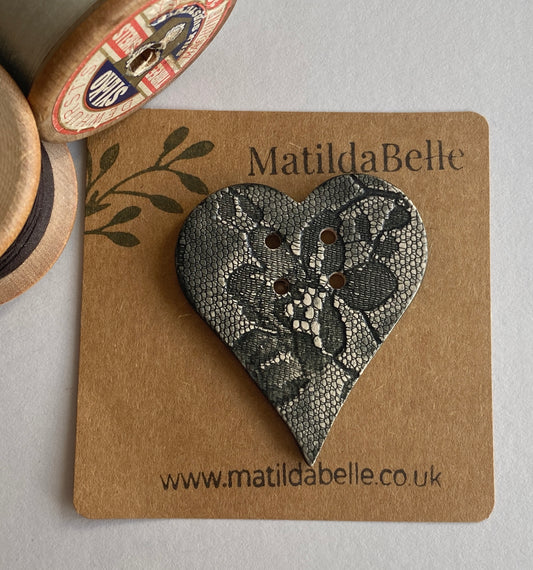 Extra Large handmade Heart Ceramic Button Vintage Black Lace 55mm