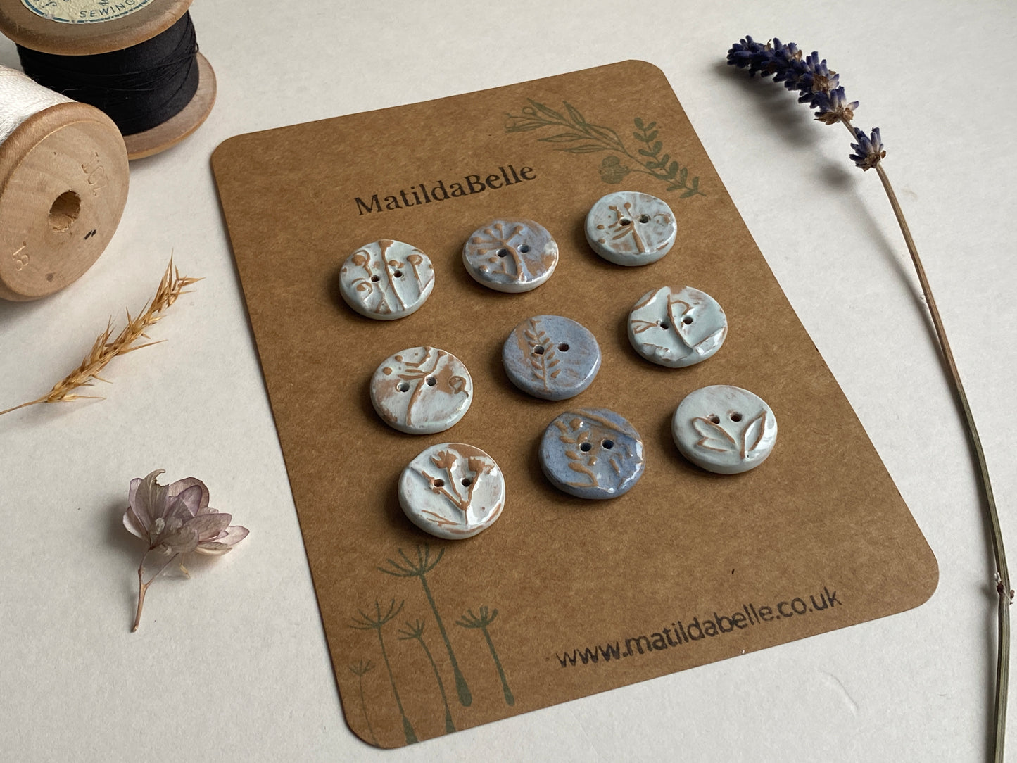 Ceramic Handmade buttons set of nine pastel botanical 20mm