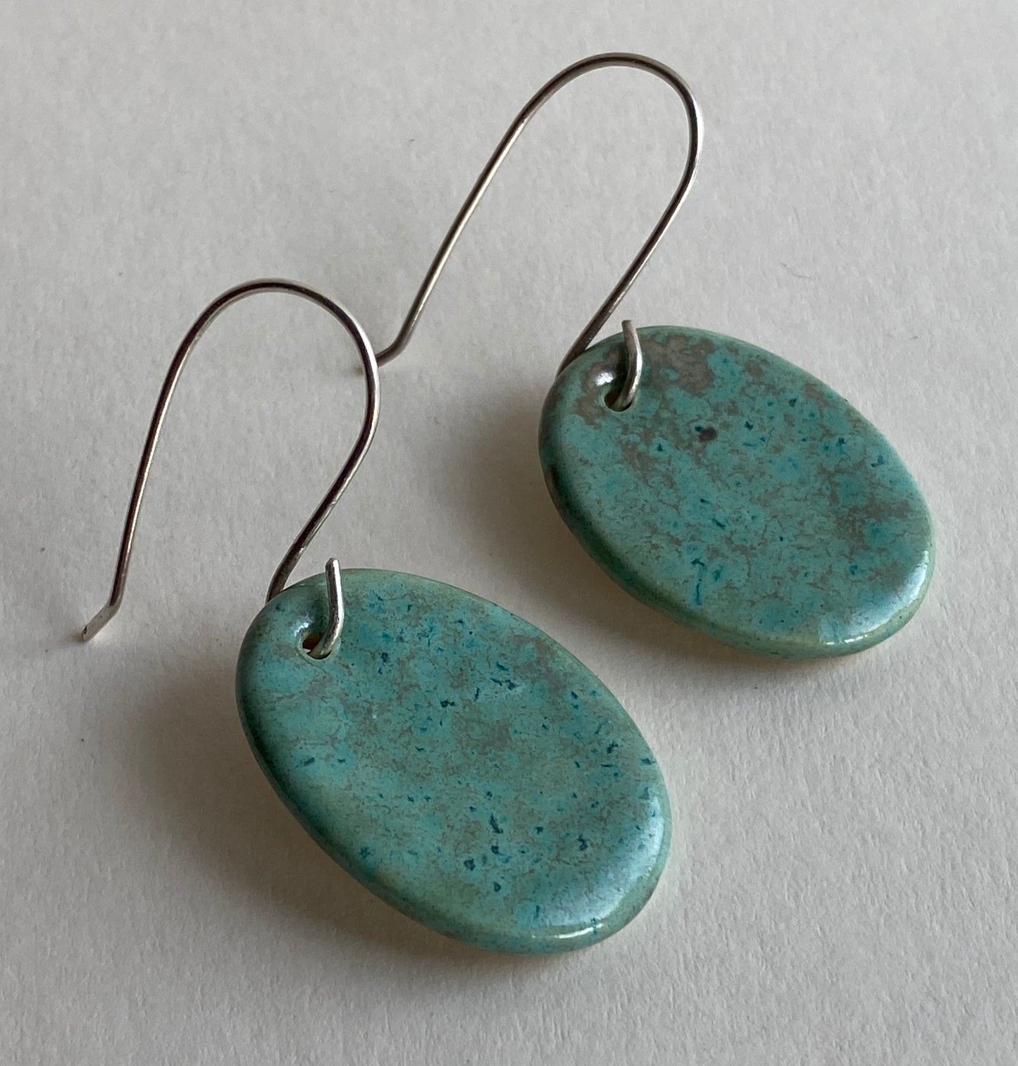 Ceramic Ovals  Dangle Earrings - Green gold glaze