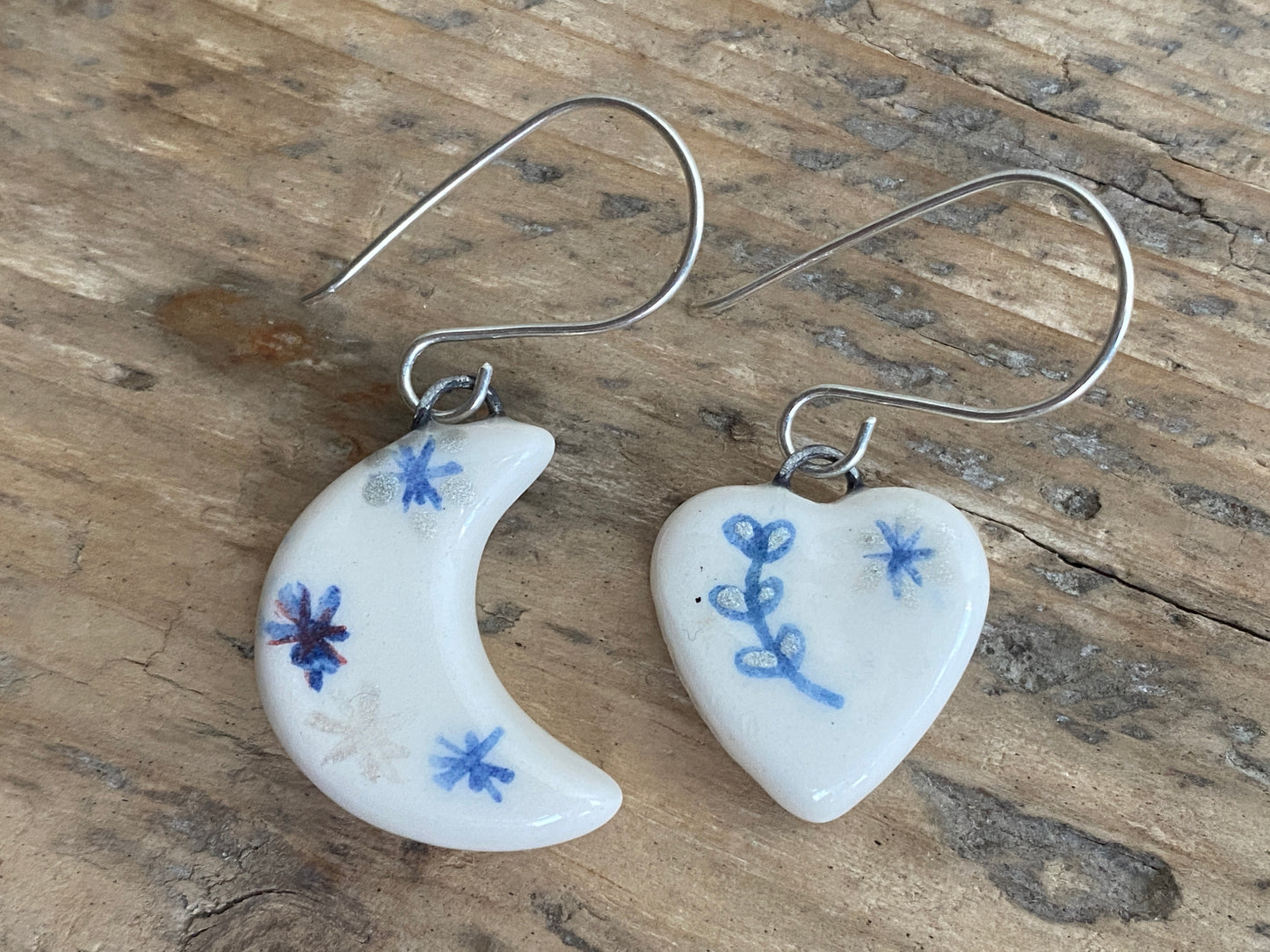 Folk Art Heart &  Moon Handmade Dangly Earrings with Sterling Silver