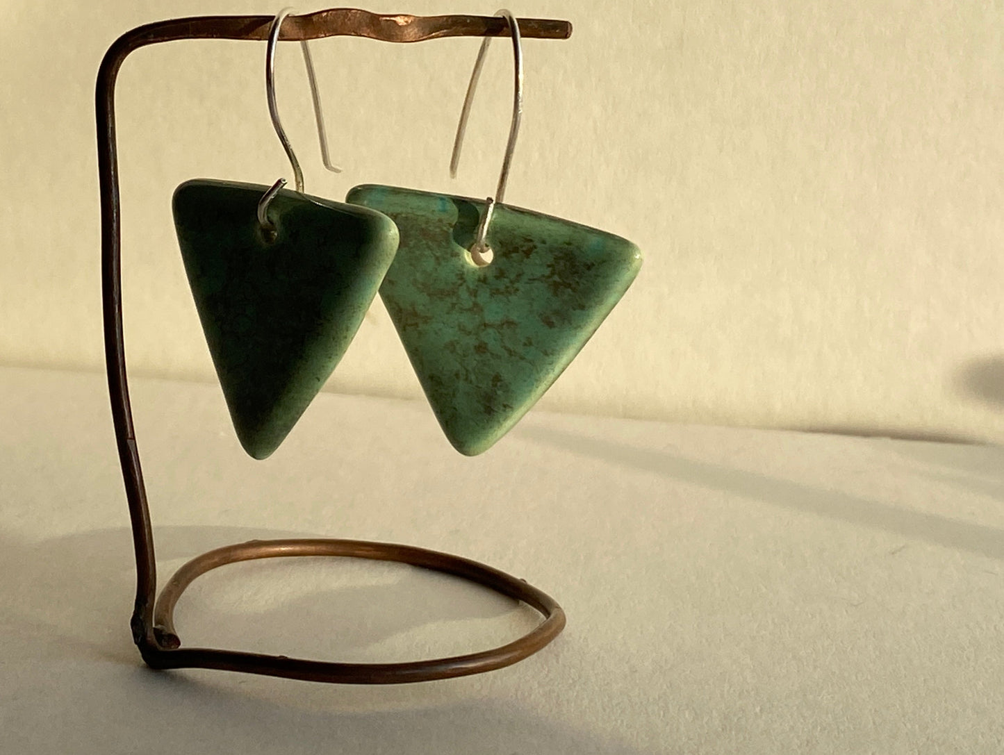 Ceramic Triangle  Dangle Earrings - Green gold glaze