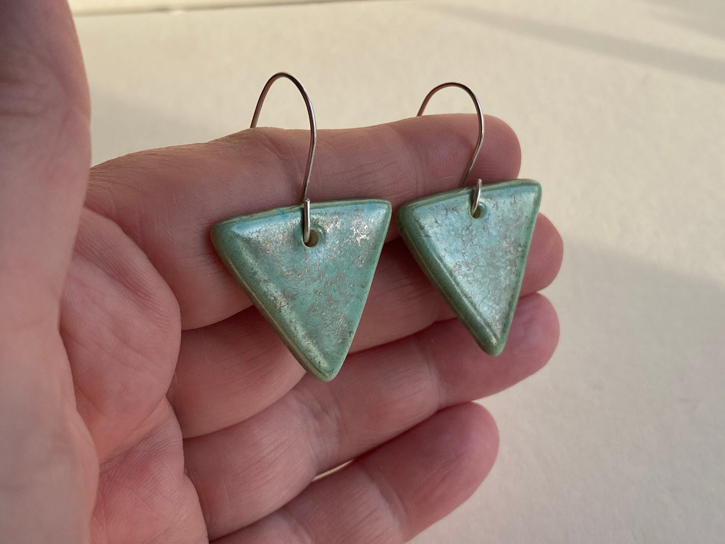 Ceramic Triangle  Dangle Earrings - Green gold glaze
