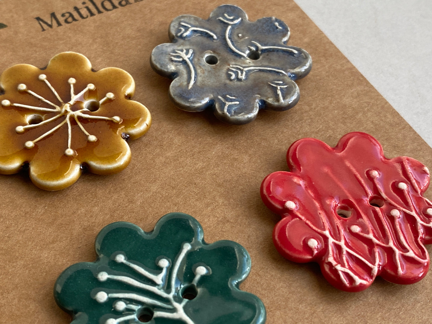 37mm Buttons set of 4 Large Botanical Flower Handmade Ceramic Buttons