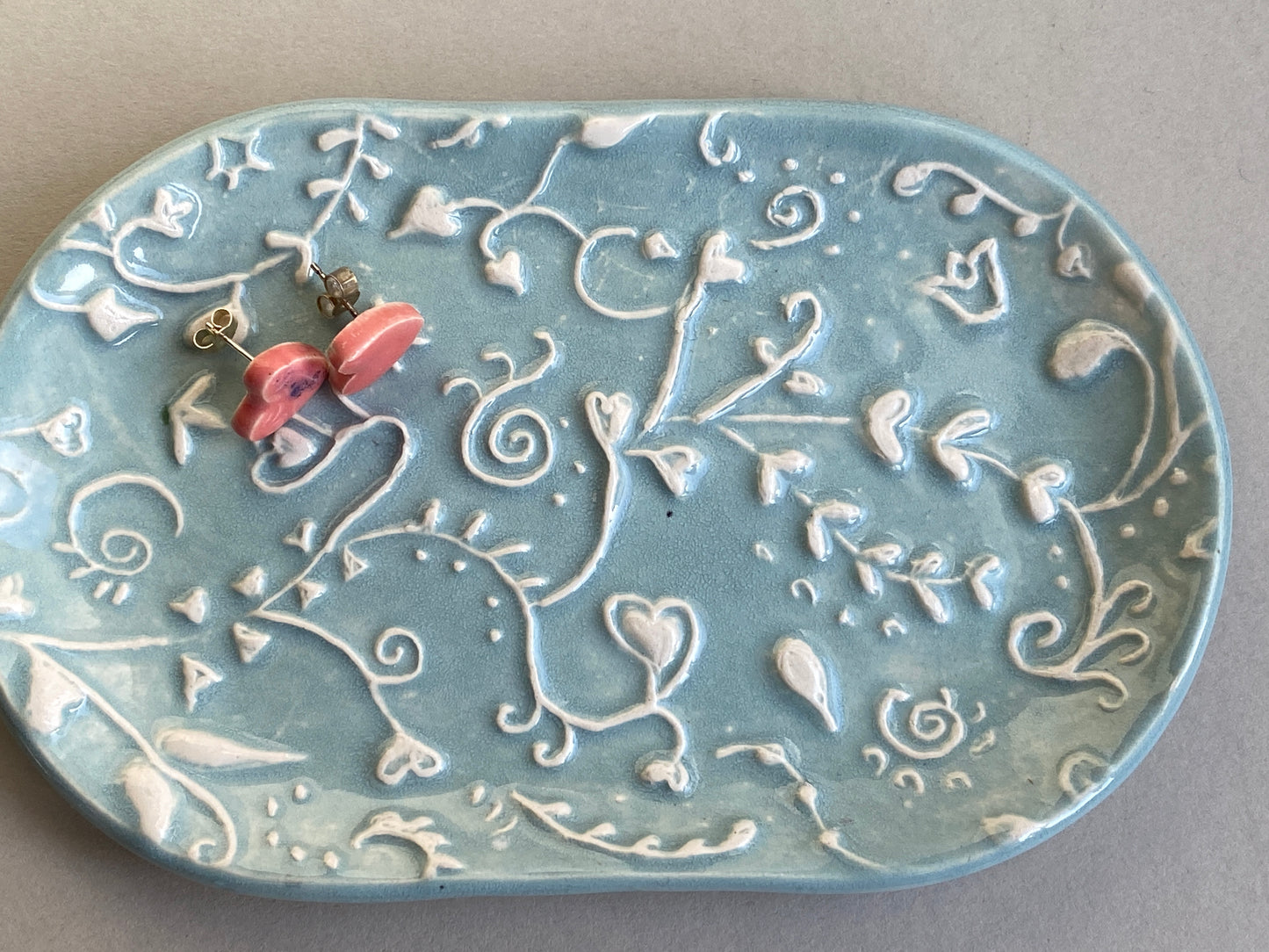 Handmade ceramic Trinket Tray, Oval Botanical Baby Blue