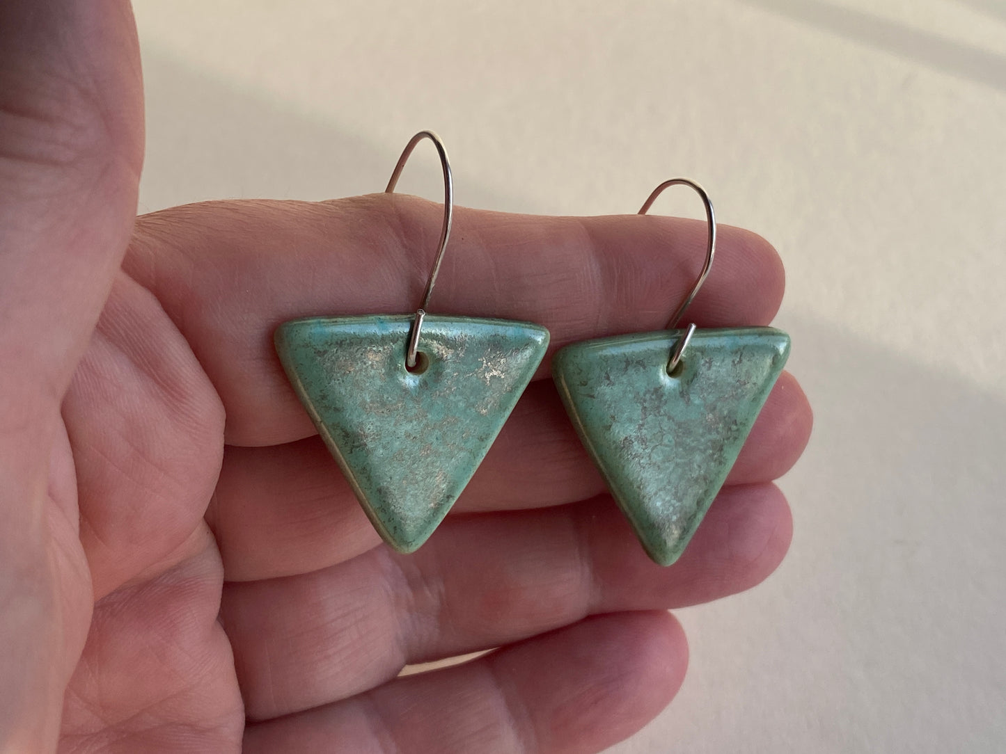 Ceramic Triangle  Dangle Earrings - Green gold glaze