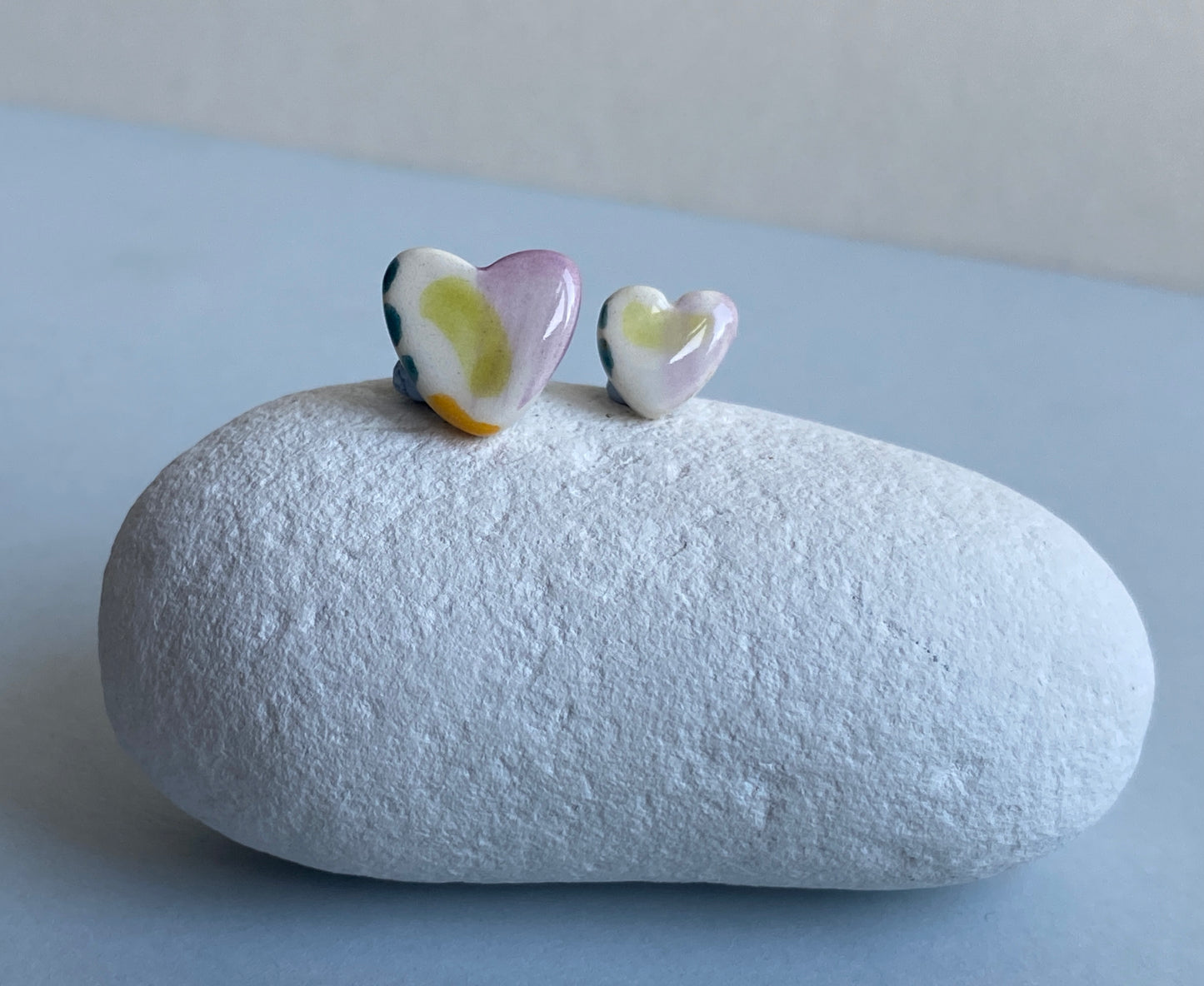 Mismatched Ceramic Heart Stud Earrings - Sterling Silver