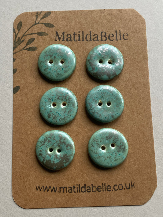 Set of 6 handmade round ceramic buttons 20mm green and gold