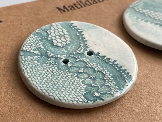 Handmade set of 2 Ceramic large Buttons Vintage Lace design