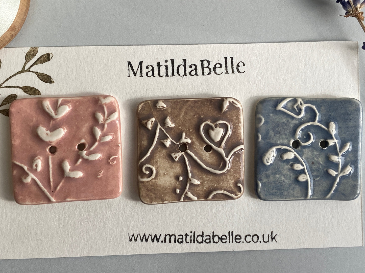 Handmade set of 3 Ceramic square Buttons Whimsical design