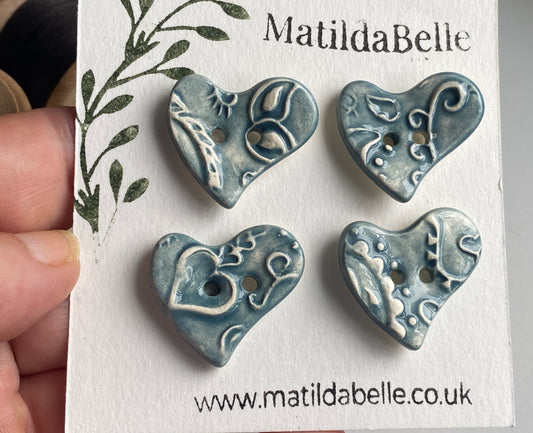 Set of Four Handmade Ceramic Heart Buttons