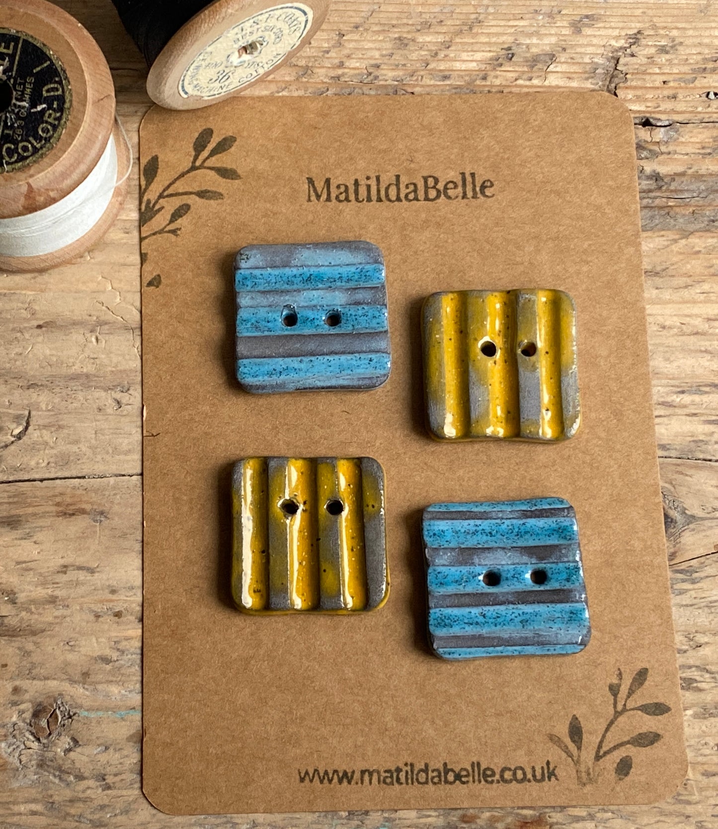 30mm Set of 4 Square Stoneware Buttons 30mm rippled yellow and blue