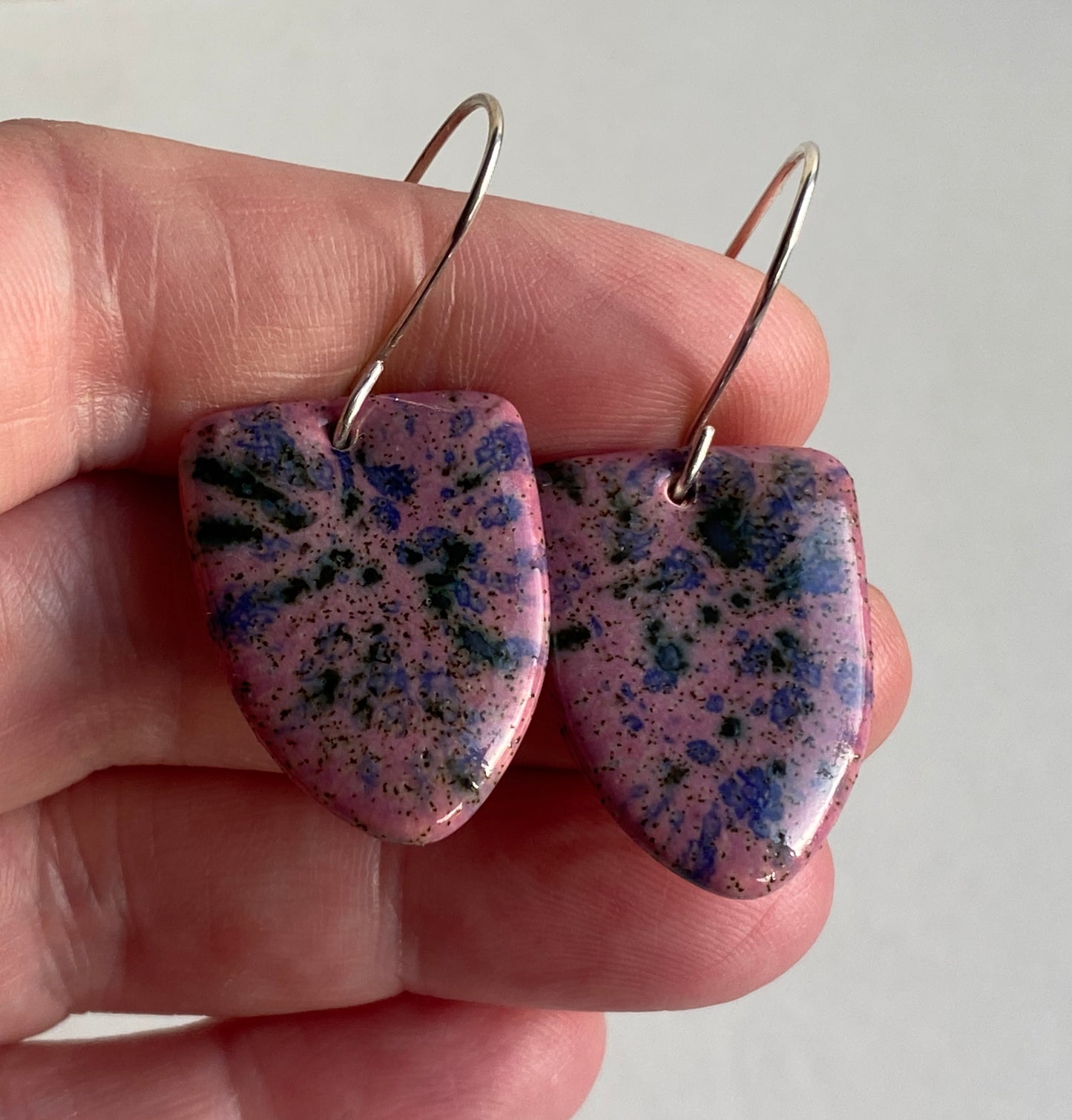 Ceramic Contemporary Dangle Earrings - Purple Blast Glaze - Handmade Recycled Silver Wires