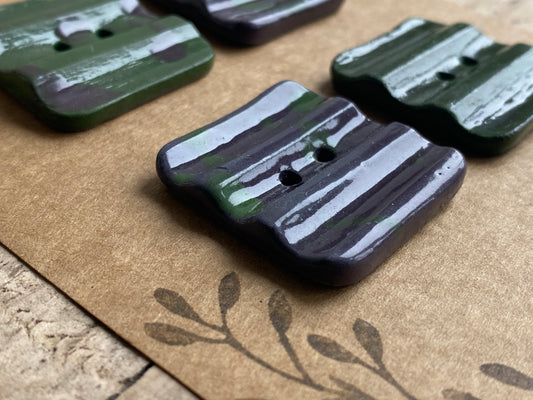 30mm Set of 4 square 30mm Stoneware Buttons rippled Purple and Green Camo