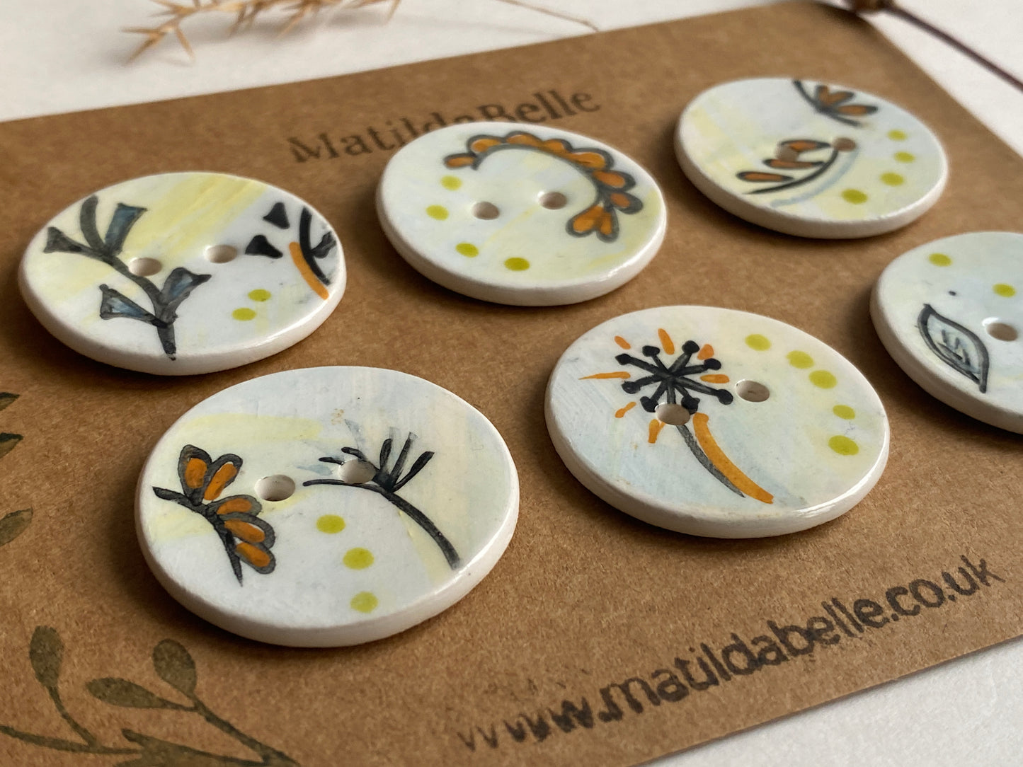 Set of 6, 32mm Whimsical painted round buttons