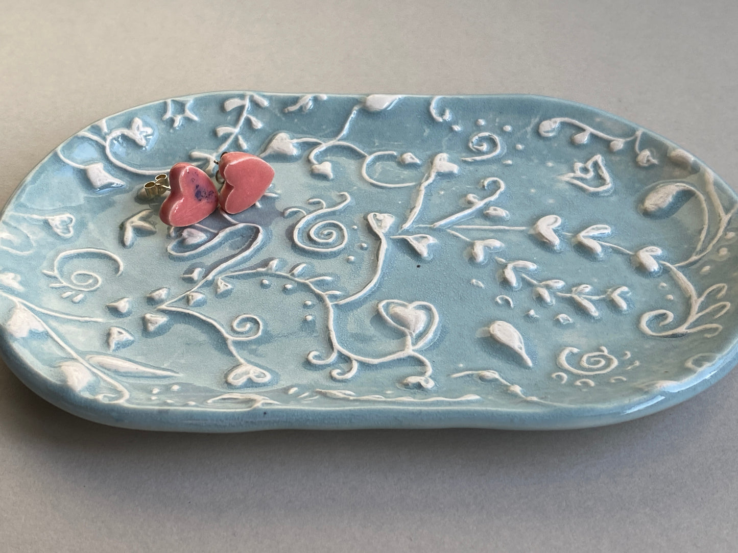 Handmade ceramic Trinket Tray, Oval Botanical Baby Blue