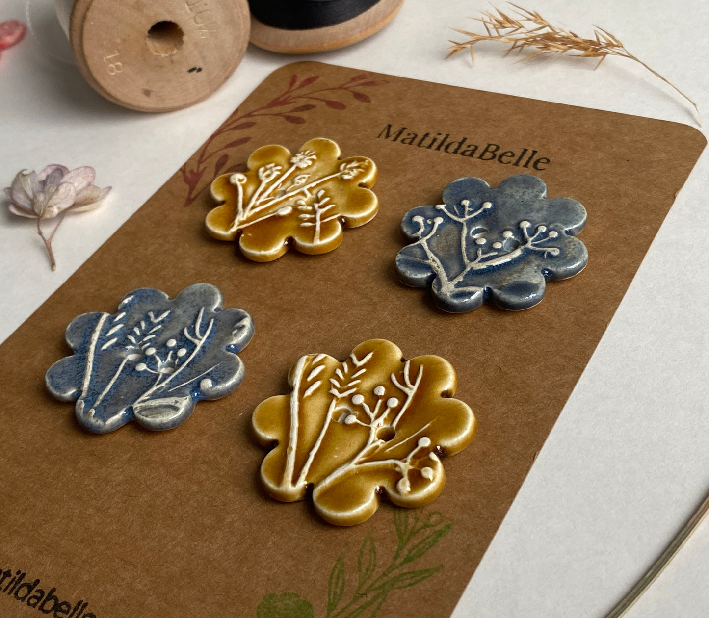 Buttons set of 4 Large Botanical Flower Handmade Ceramic Buttons