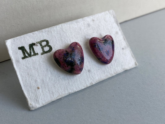 Handmade Heart Ceramic Earrings, Purple free P&P