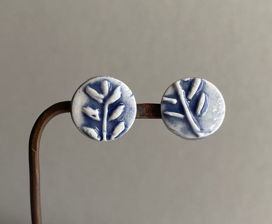 Handmade Ceramic Blue Botanical Earrings - Sterling Silver Posts