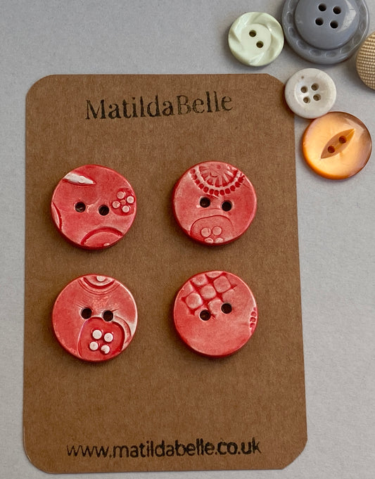Handmade 22mm ceramic Buttons set of 4, Red