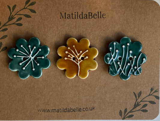37mm Buttons set of 3 Large Botanical Flower Handmade Ceramic Buttons
