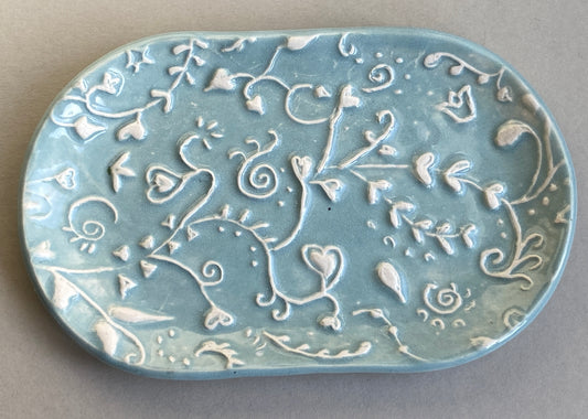 Handmade ceramic Trinket Tray, Oval Botanical Baby Blue