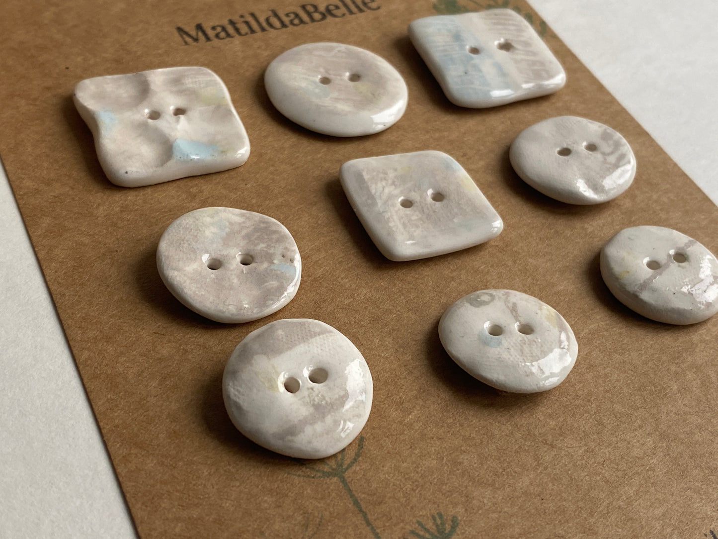 Buttons set of 9,  Mixed size Handmade Mono  Printed  Ceramic Buttons