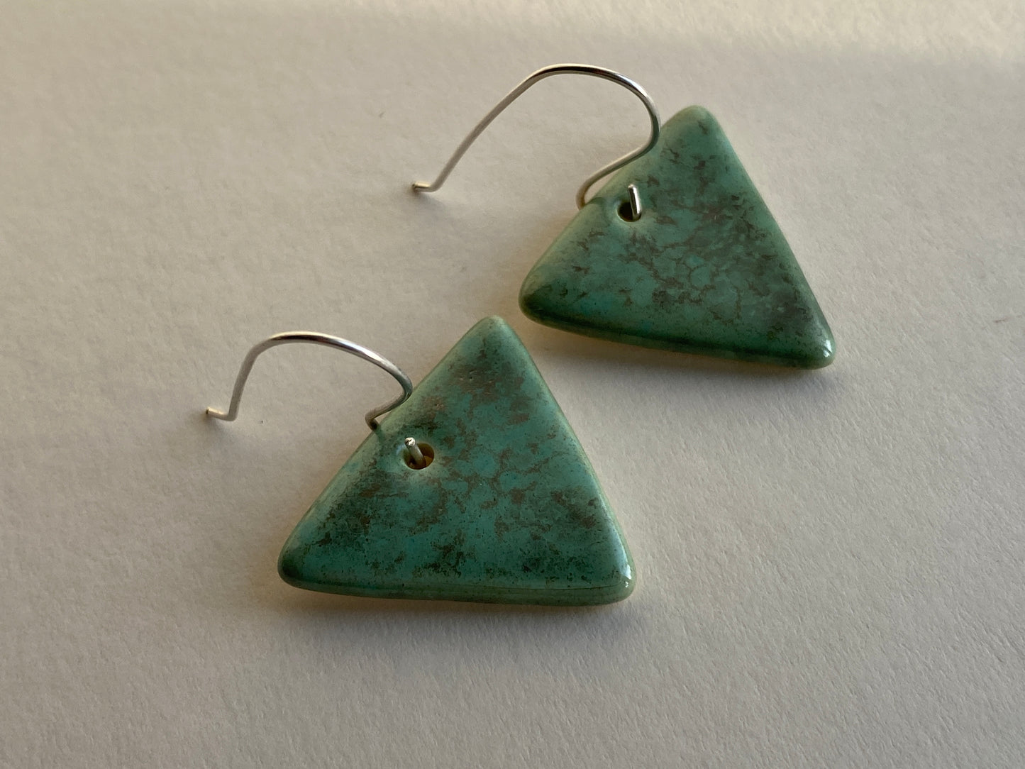 Ceramic Triangle  Dangle Earrings - Green gold glaze
